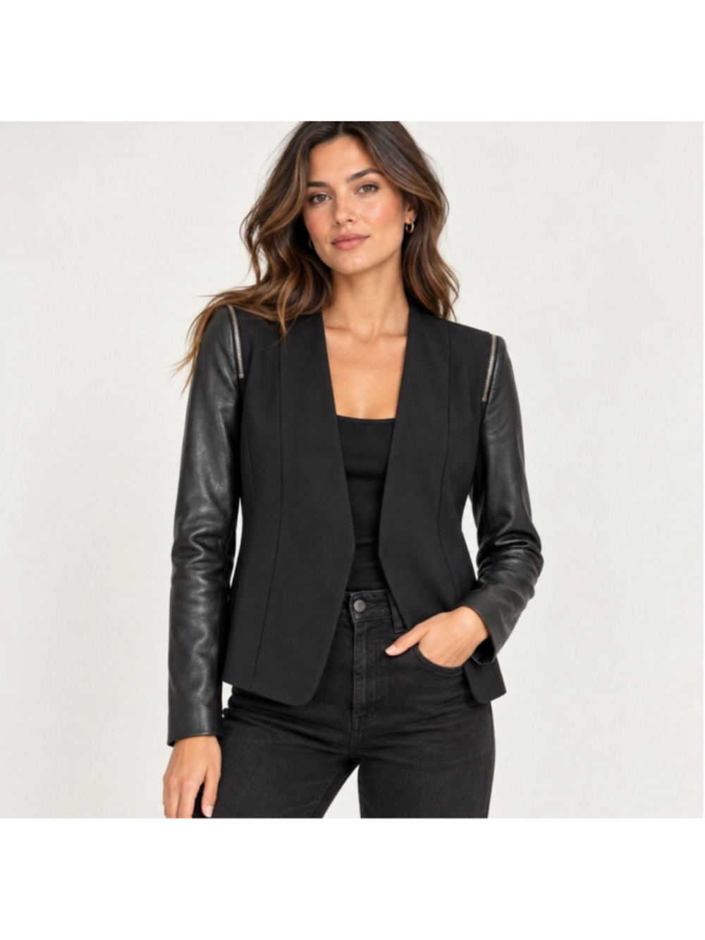 Theory Black Blazer with Goat Leather Sleeves Size M